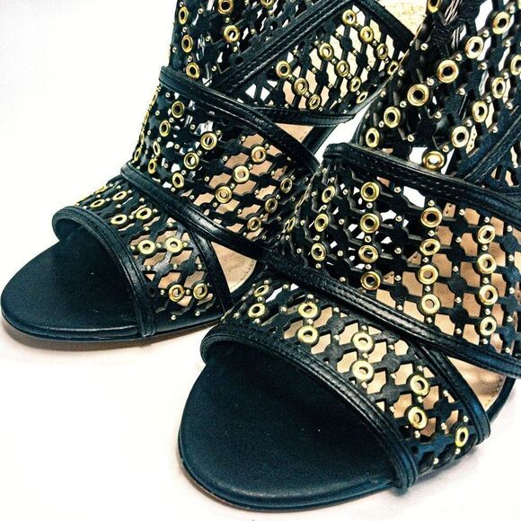 Vince Camuto Korthina Black Leather Lattice Gold Grommet Slingback Heels Sz 9.5M - Picture 3 of 12